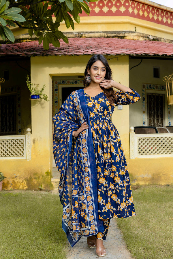 Navy Blue Printed Anarkali Kurta Set With Dupatta For Women | WomensFashionFun