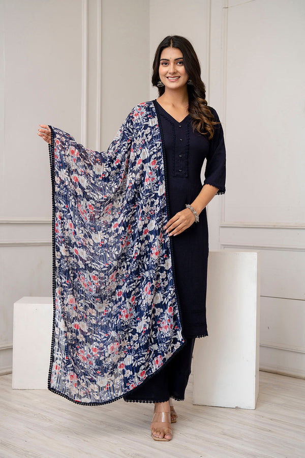 Navy Blue Straight Kurta Set With Printed Dupatta for Women | WOMENSFASHIONFUN