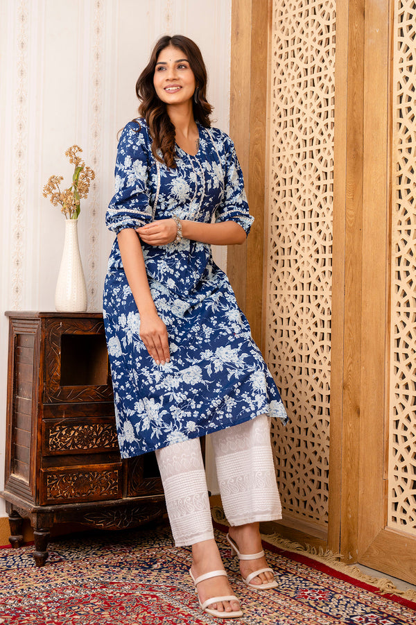 Navy Blue Printed Straight Kurta with Three Quarter Sleeves | WomensFashionFun