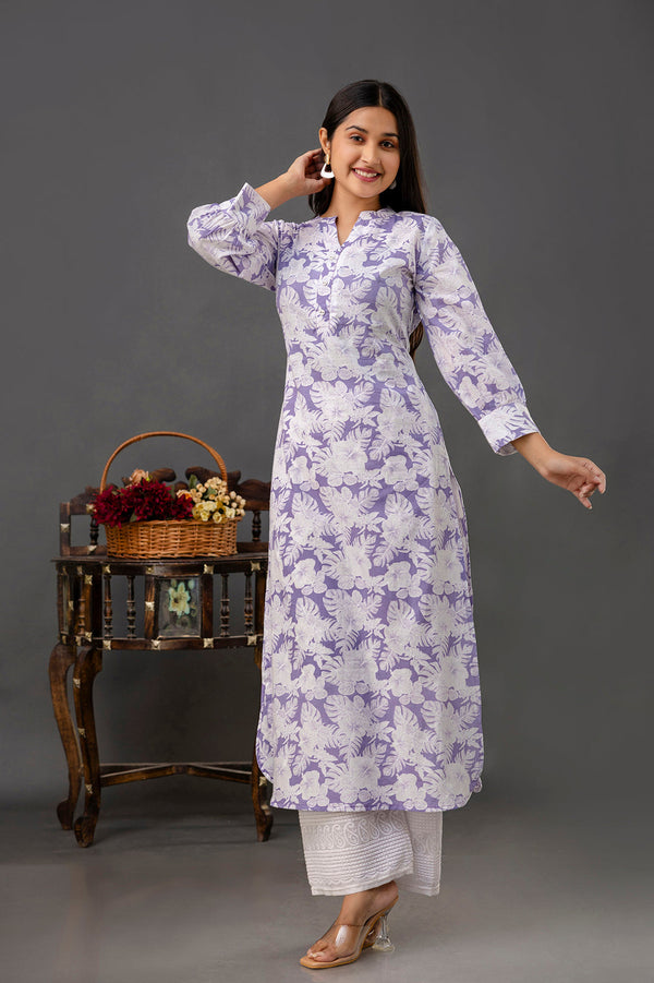 Purple Printed Straight Kurta with Three Quarter Sleeves | WomensFashionFun