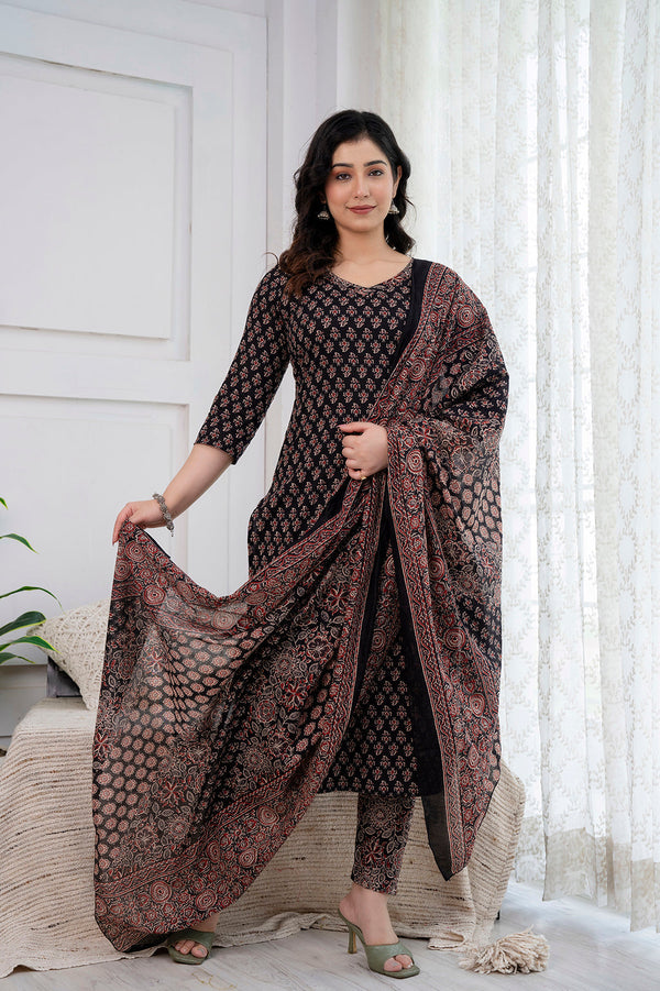 Black Printed Straight Kurta and Trouser With Dupatta | WOMENSFASHIONFUN