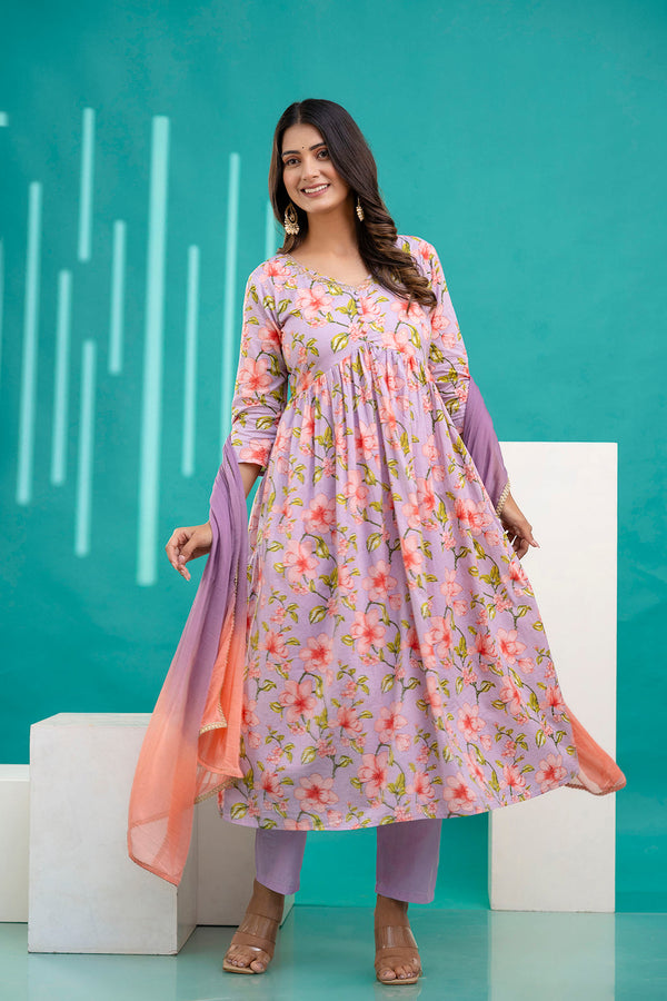 Lavender Printed Anarkali Kurta Set With Dupatta For Women | WOMENSFASHIONFUN