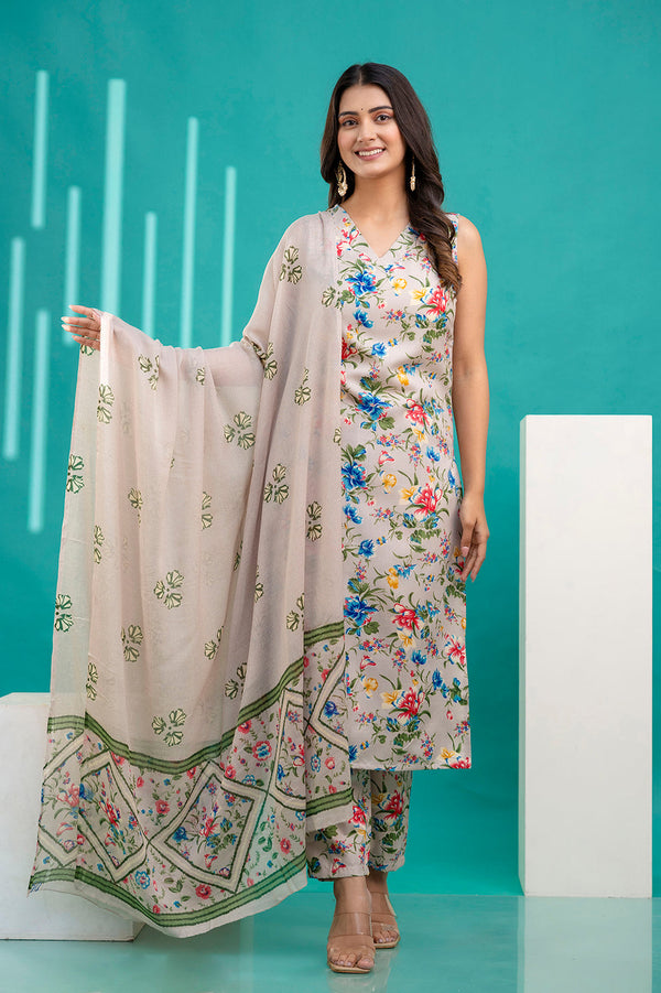 Women Beige Printed Kurta With Trouser and Dupatta | WOMENSFASHIONFUN