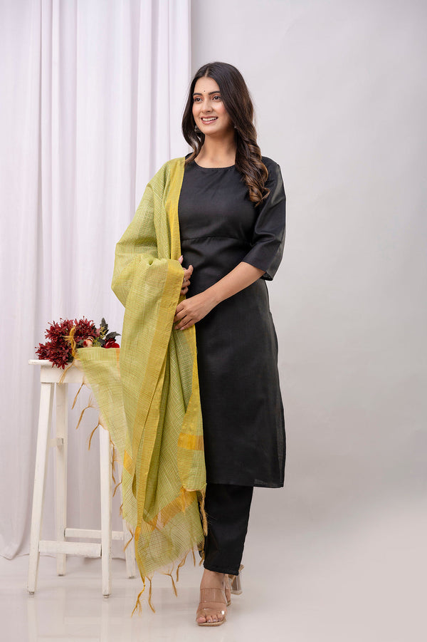 Black Straight Kurta Set With Printed Dupatta for Women | WOMENSFASHIONFUN