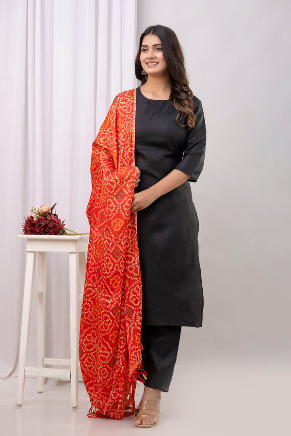 Black Straight Kurta Set With Printed Dupatta for Women | WOMENSFASHIONFUN