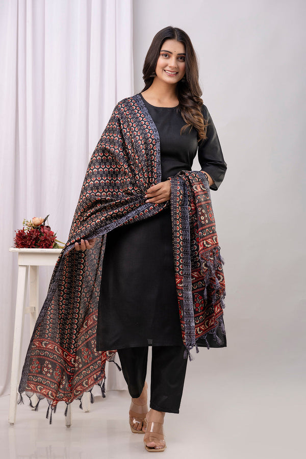 Black Straight Kurta Set With Printed Dupatta for Women | WOMENSFASHIONFUN