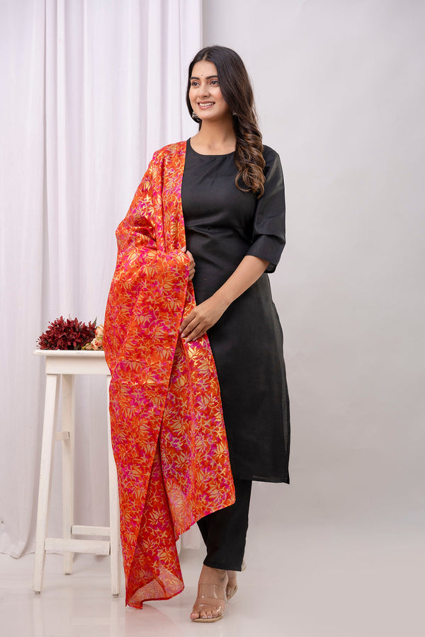 Black Straight Kurta Set With Printed Dupatta for Women | WOMENSFASHIONFUN