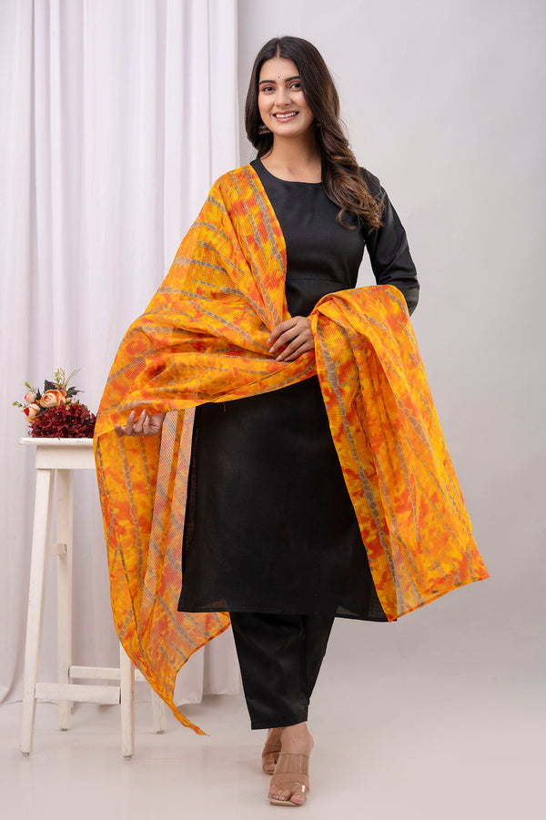 Black Straight Kurta Set With Printed Dupatta for Women | WOMENSFASHIONFUN