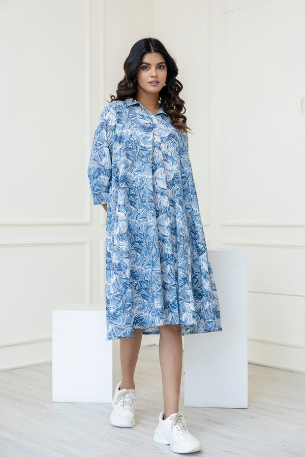 Women Blue Printed Flared Midi Dress | WOMENSFASHIONFUN