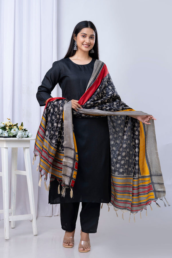 Black Straight Kurta Set With Printed Dupatta for Women | WOMENSFASHIONFUN