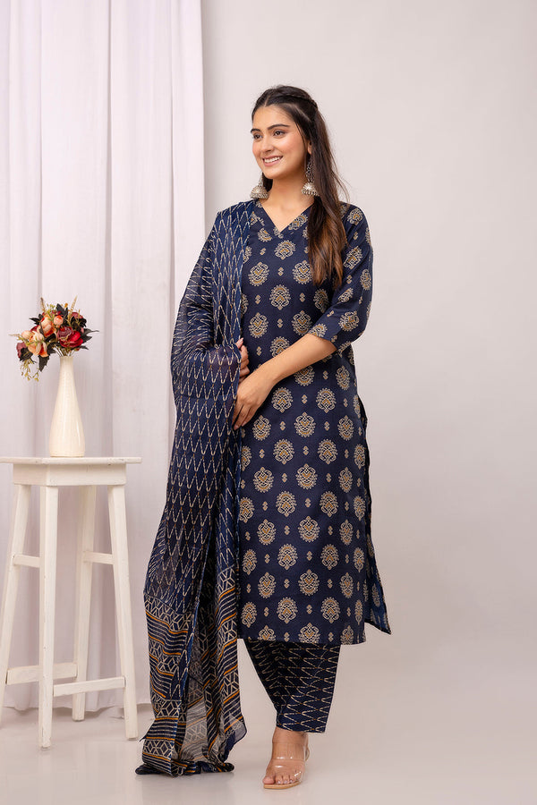 Navy Blue Printed Straight Kurta Set With Dupatta For Women | WOMENSFASHIONFUN