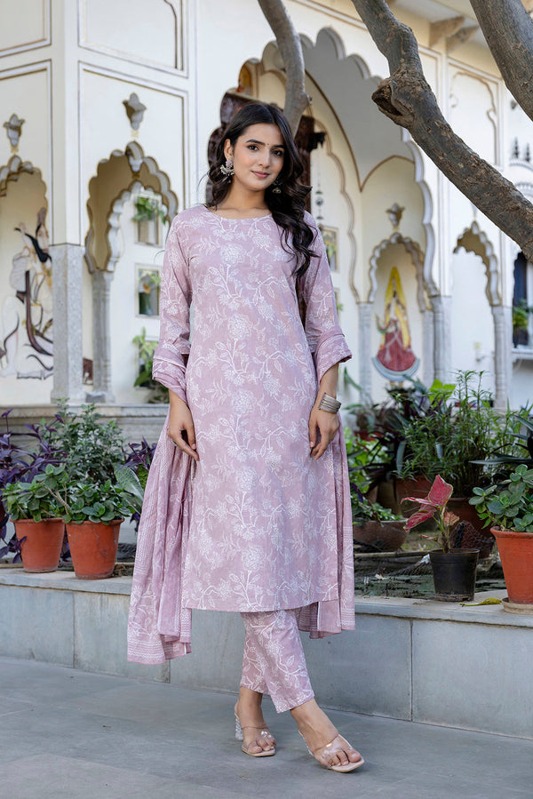 Mauve Printed Straight Kurta Set With Dupatta for Women | WOMENSFASHIONFUN