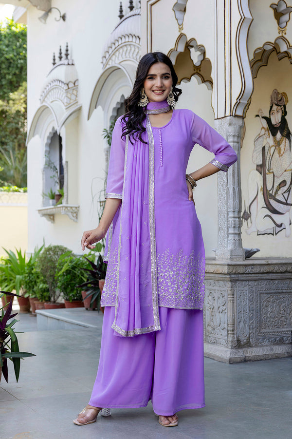 Lavender Embroidered Georgette Kurta & Wide Leg Palazzo With Dupatta for Women | WOMENSFASHIONFUN