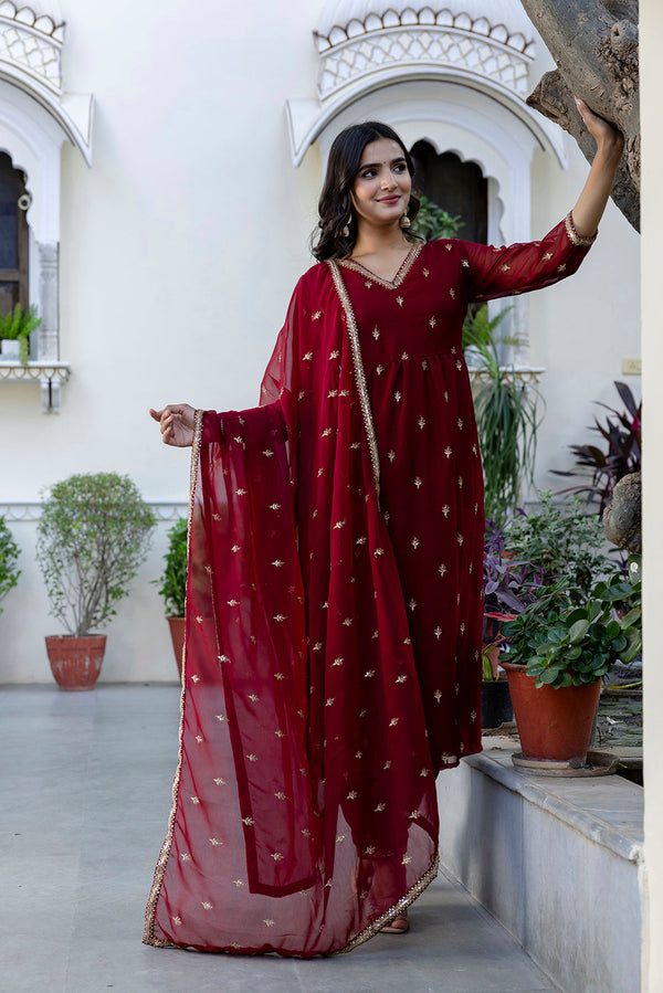 Maroon Embroidered Georgette Kurta Set With Dupatta for Women | WOMENSFASHIONFUN