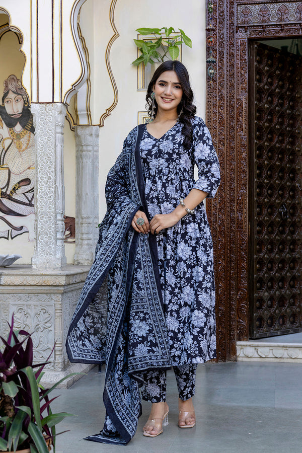 Women Black Floral Printed Anarkali Kurta And Trouser With Dupatta | WOMENSFASHIONFUN