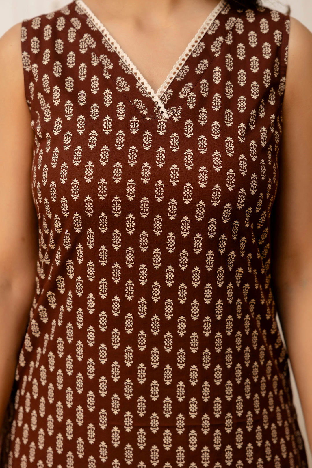 Women Brown Printed Straight V-neck Kurta WomensFashionFun