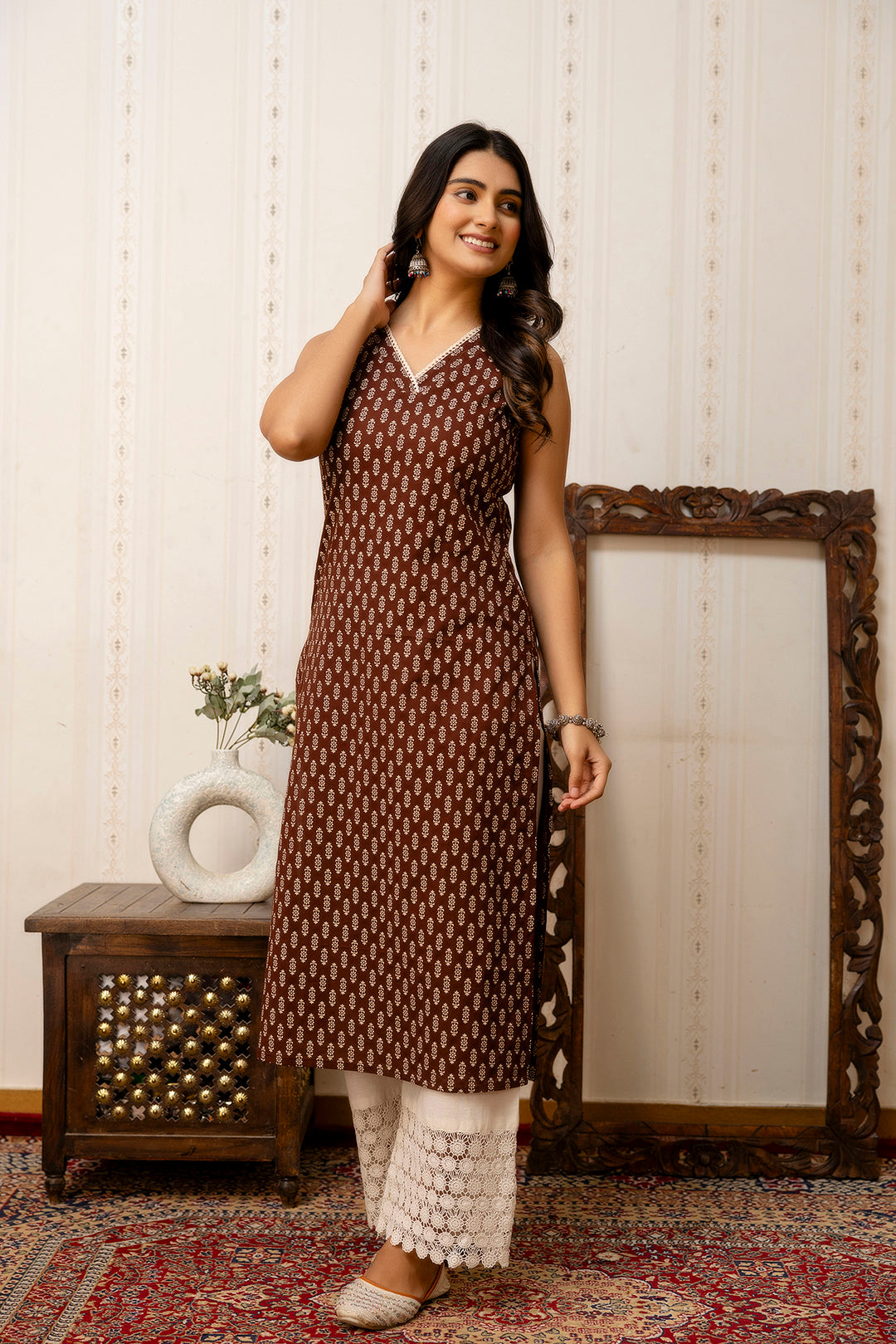 Women Brown Printed Straight V-neck Kurta WomensFashionFun