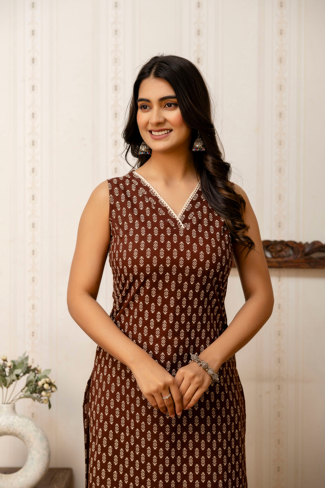 Women Brown Printed Straight V-neck Kurta WomensFashionFun