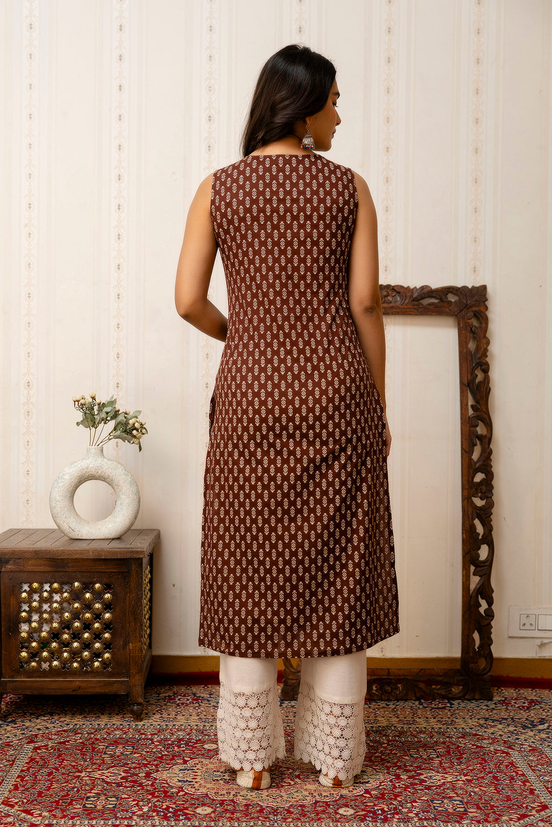 Women Brown Printed Straight V-neck Kurta WomensFashionFun