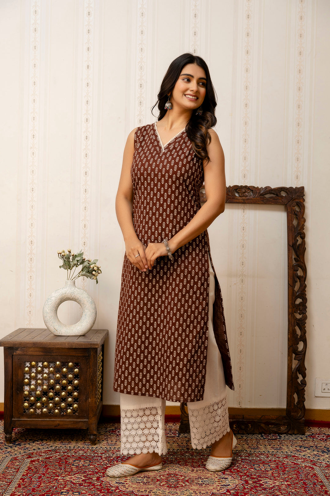 Women Brown Printed Straight V-neck Kurta WomensFashionFun