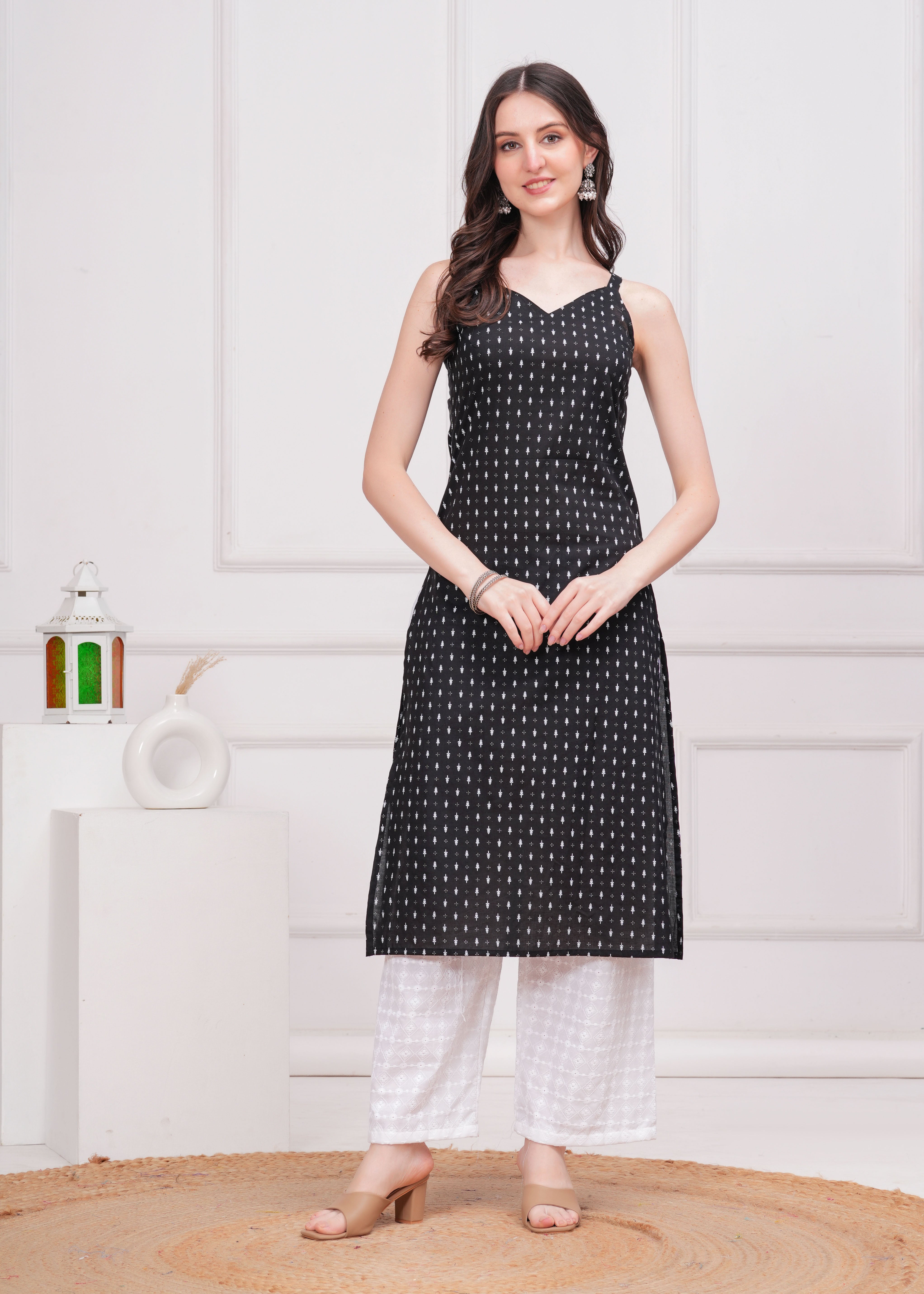 Women Black Printed Straight Shoulder Straps Kurta WomensFashionFun