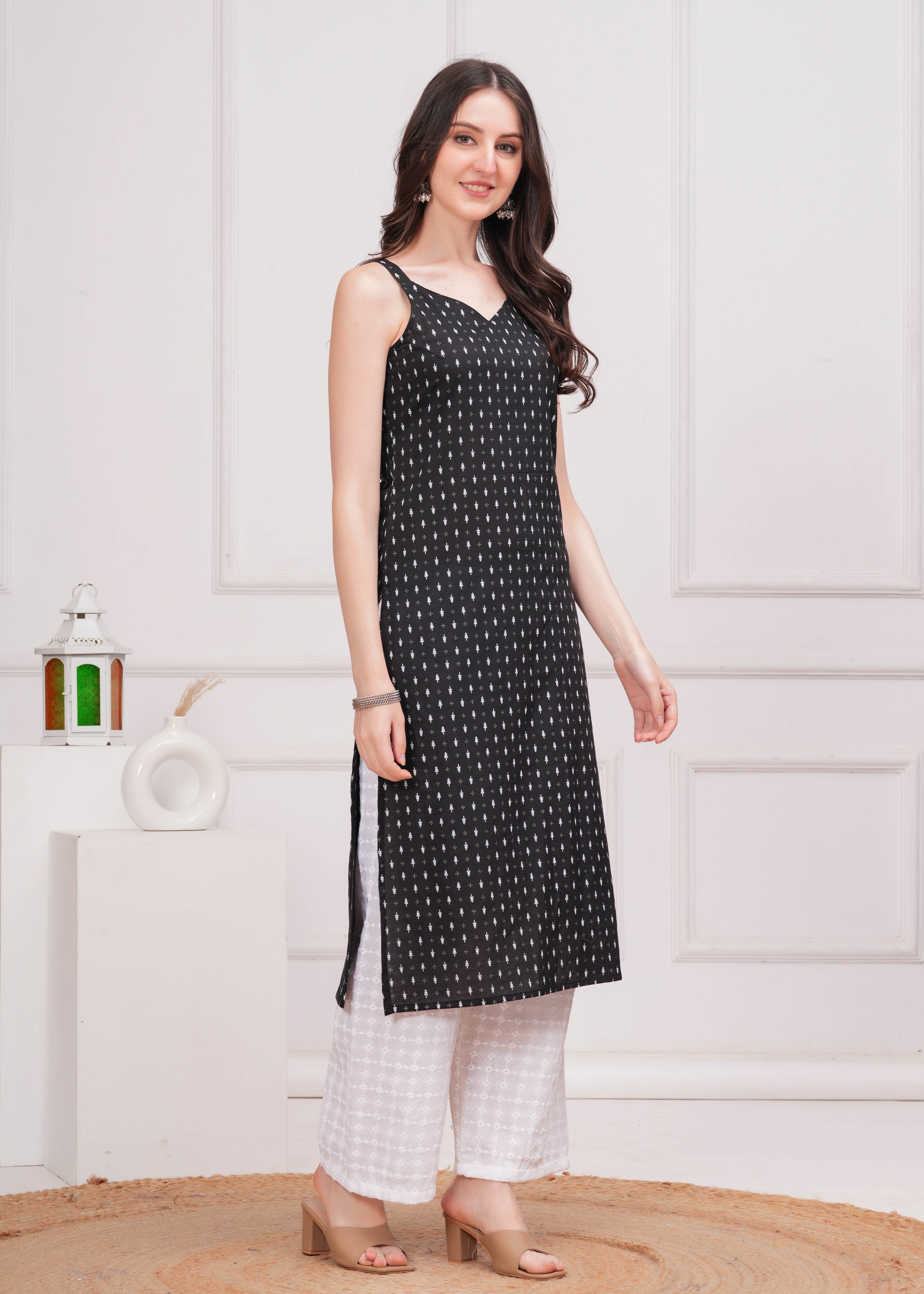 Women Black Printed Straight Shoulder Straps Kurta WomensFashionFun