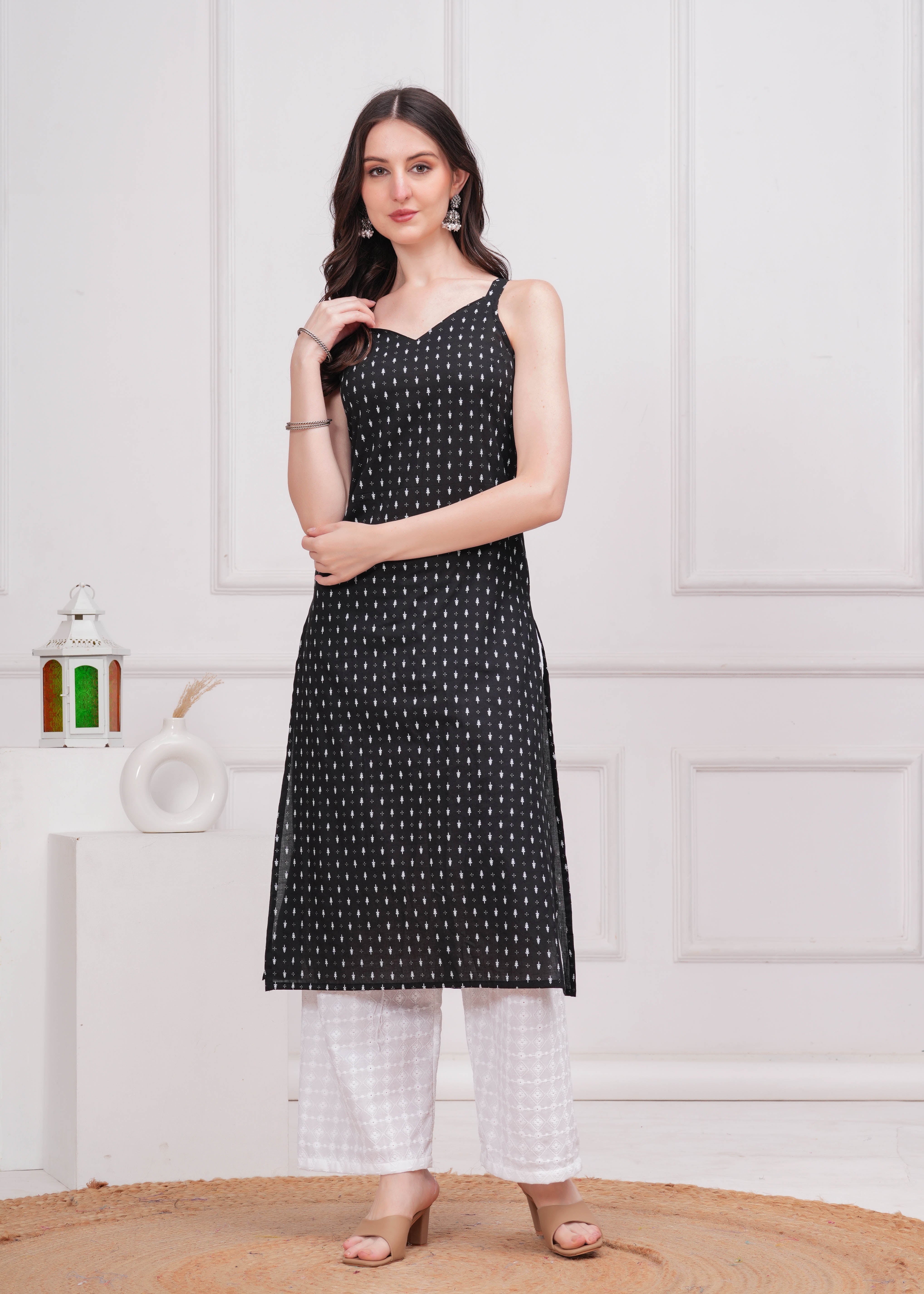 Women Black Printed Straight Shoulder Straps Kurta WomensFashionFun