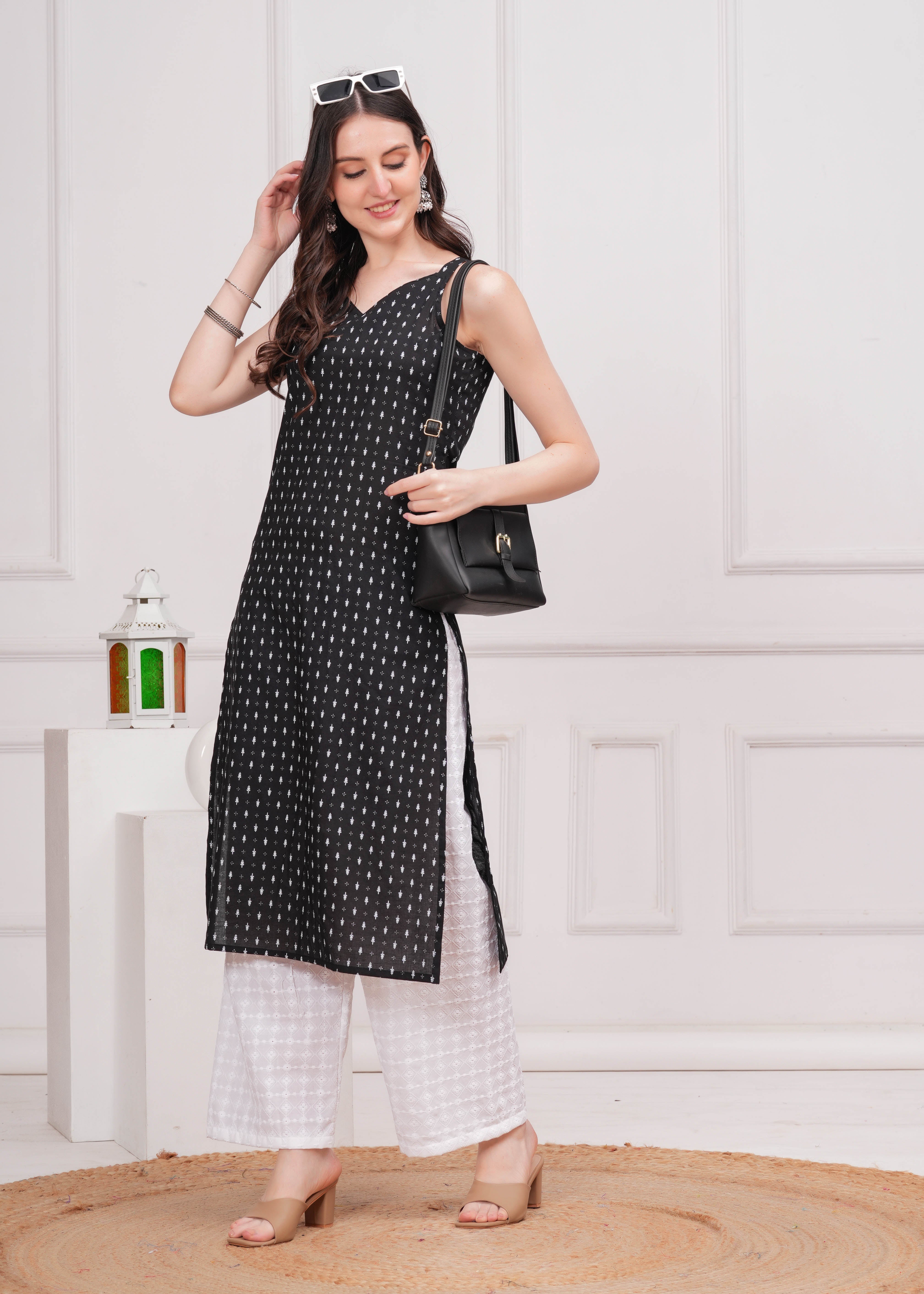 Women Black Printed Straight Shoulder Straps Kurta WomensFashionFun