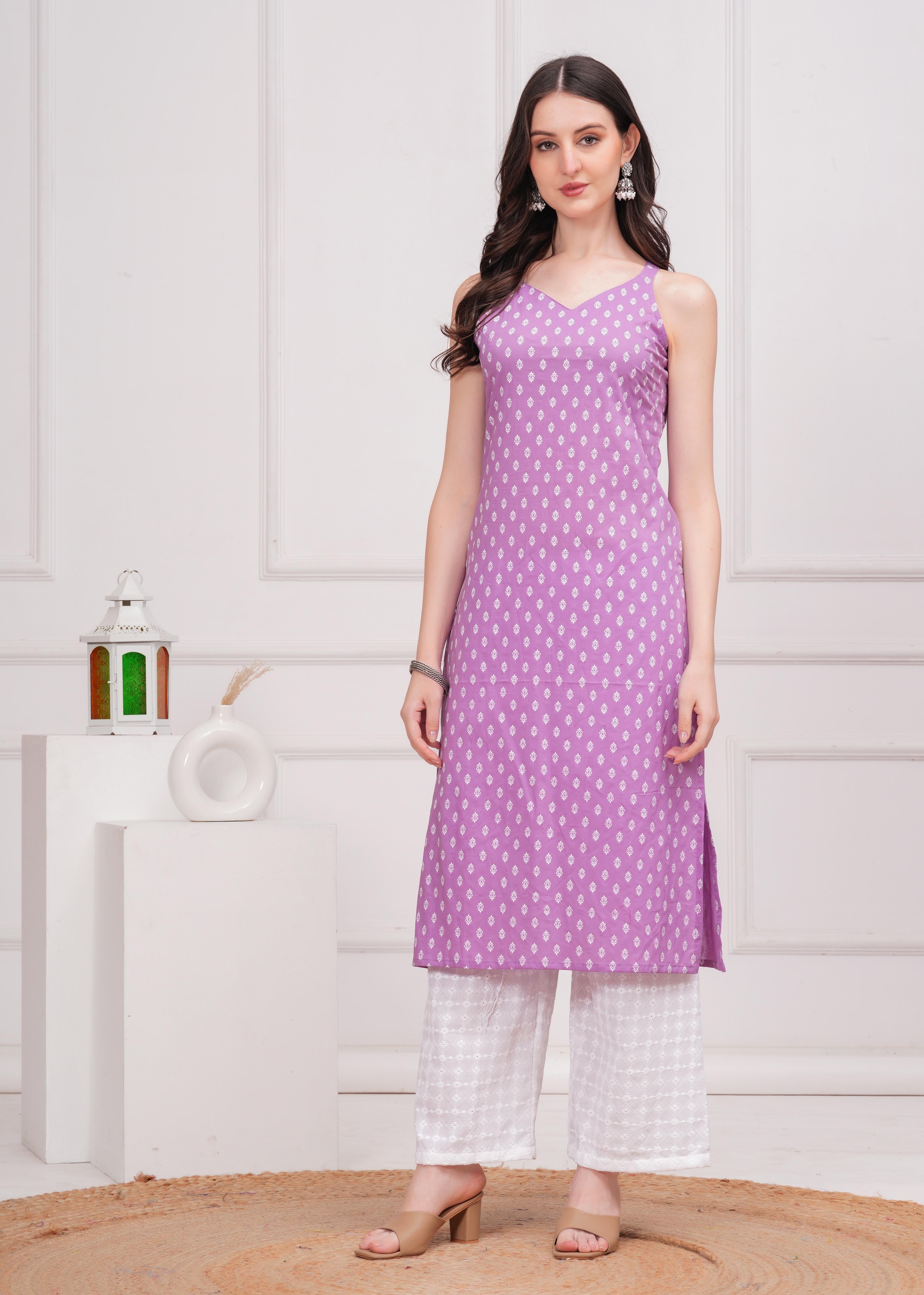 Women Purple Printed Straight Shoulder Straps Kurta WomensFashionFun