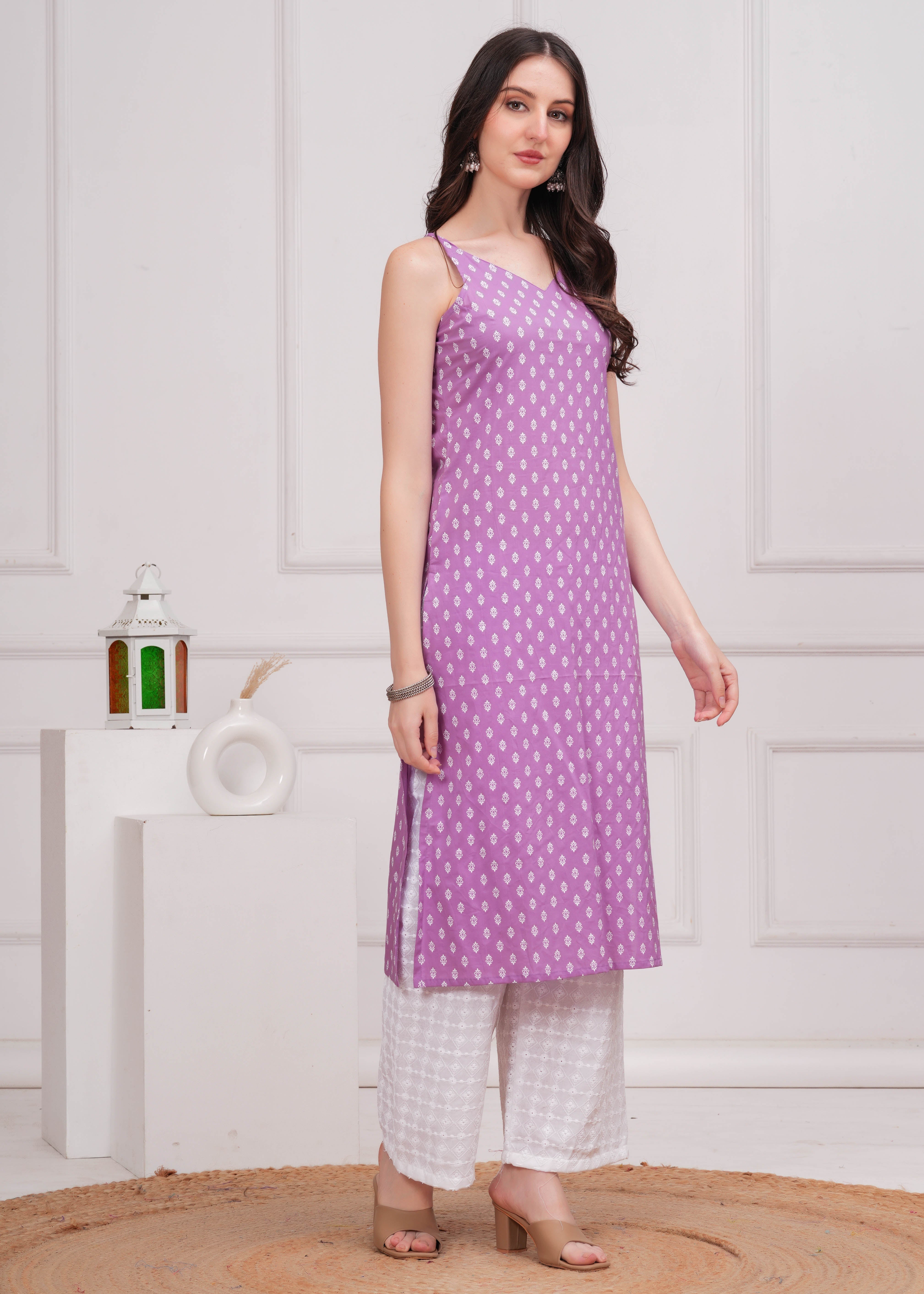 Women Purple Printed Straight Shoulder Straps Kurta WomensFashionFun