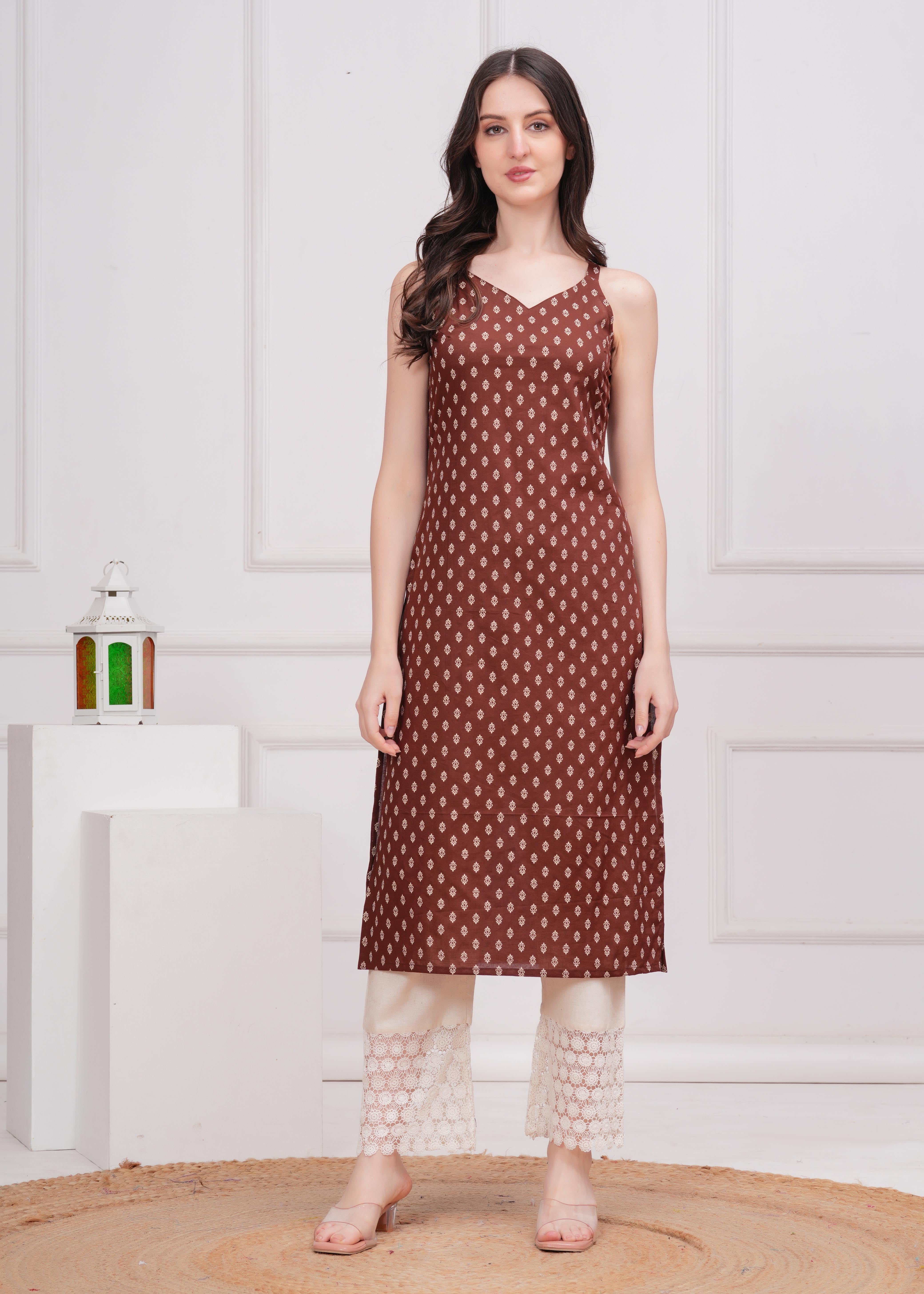 Women Brown Printed Straight Shoulder Straps Kurta WomensFashionFun