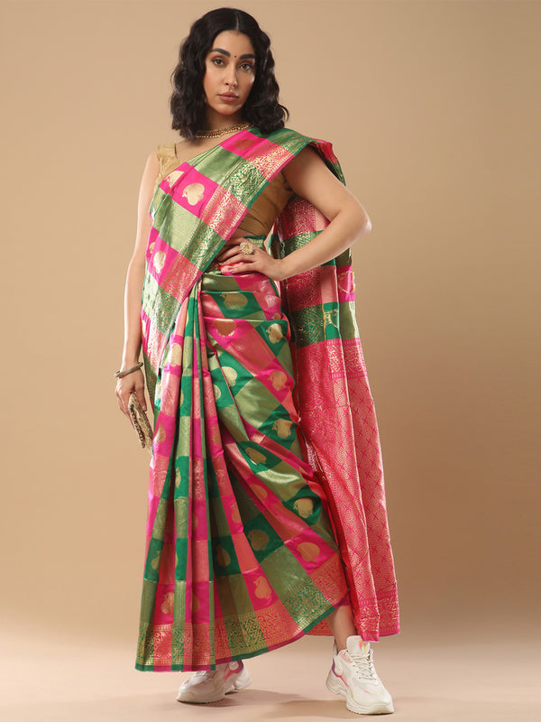 Women's Silk Blend Green Woven Design Designer Saree With Blouse Piece