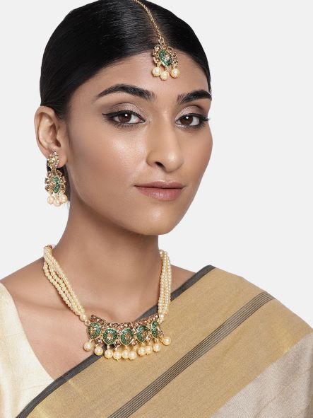 18k Gold Plated Green Meenakari Choker Set Glided With Pearls For Women/Girls (IJ346G) | Womensfashionfun