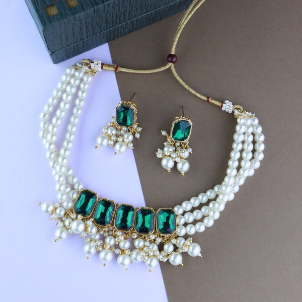 18K Gold Plated Traditional Green Stone Studded Multi Layered White Pearl Choker Necklace Jewellery Set with Earrings for Women And Girls (IJ355G) | Womensfashionfun