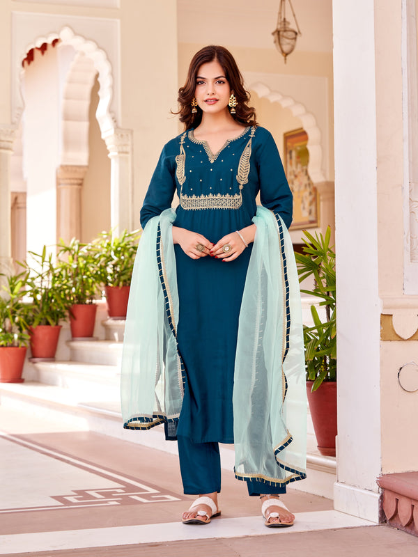 Women V Neck Embroidered Work Silk Fabric Kurta & Pant With Dupatta Set | WOMENSFASHIONFUN