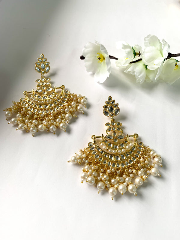 Traditional Gold Plated White Kundan Pearl Drop Chandbali Earring For Women/Girls (E3102W) | Womensfashionfun