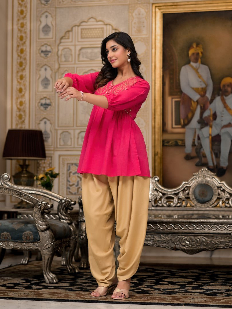 Juniper Fuchsia Embroidered Cotton Women Tunic And Pant Co-Ord Set With Mirror & Zari Work