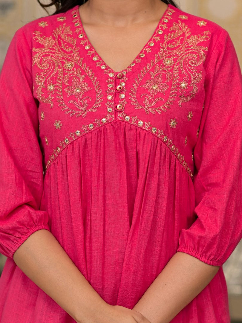 Juniper Fuchsia Embroidered Cotton Women Tunic And Pant Co-Ord Set With Mirror & Zari Work