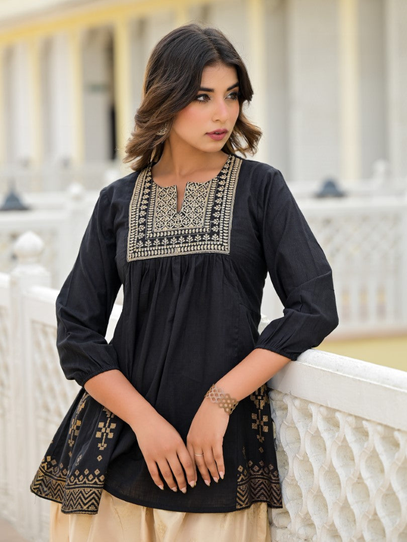 Juniper Black Ethnic Motif Printed Tunic & Dhoti Pant Co-Ord Set For Women With Zari Embroidery