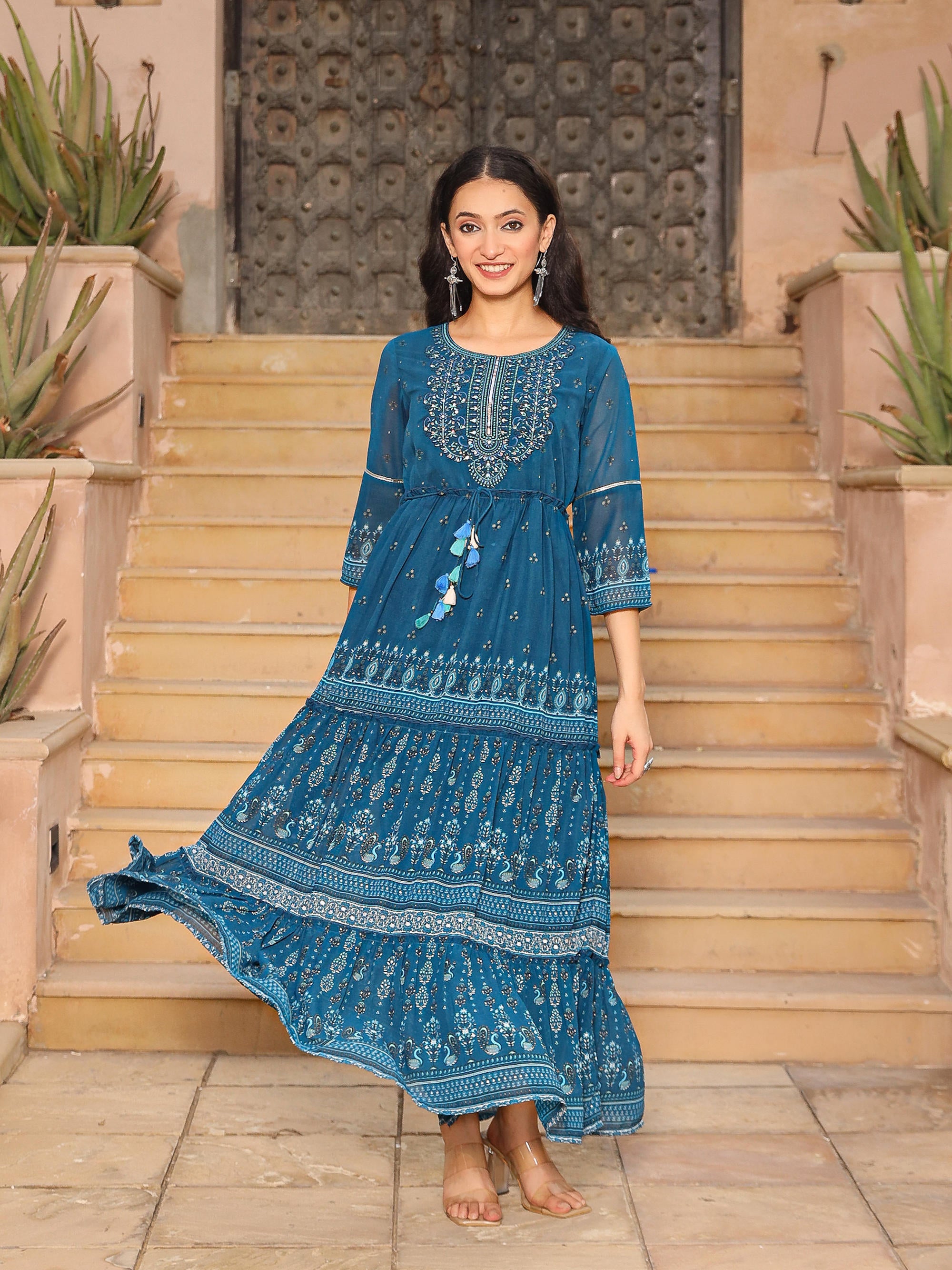 The Dholitaro Blue Ethnic Motif Printed Georgette Tiered Dress With Sequins & Doris At Waist