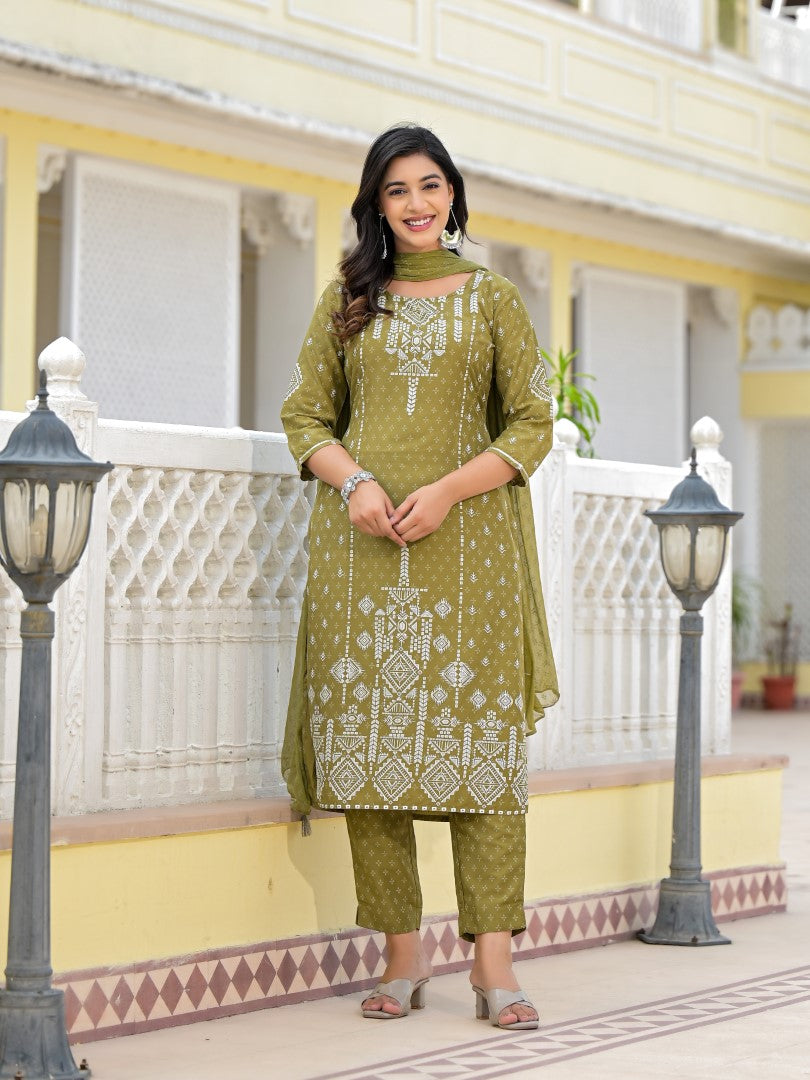 Juniper Olive Green Ethnic Motif Printed Viscose Kurta, Pant And Dupatta Set With Gota Patti Work