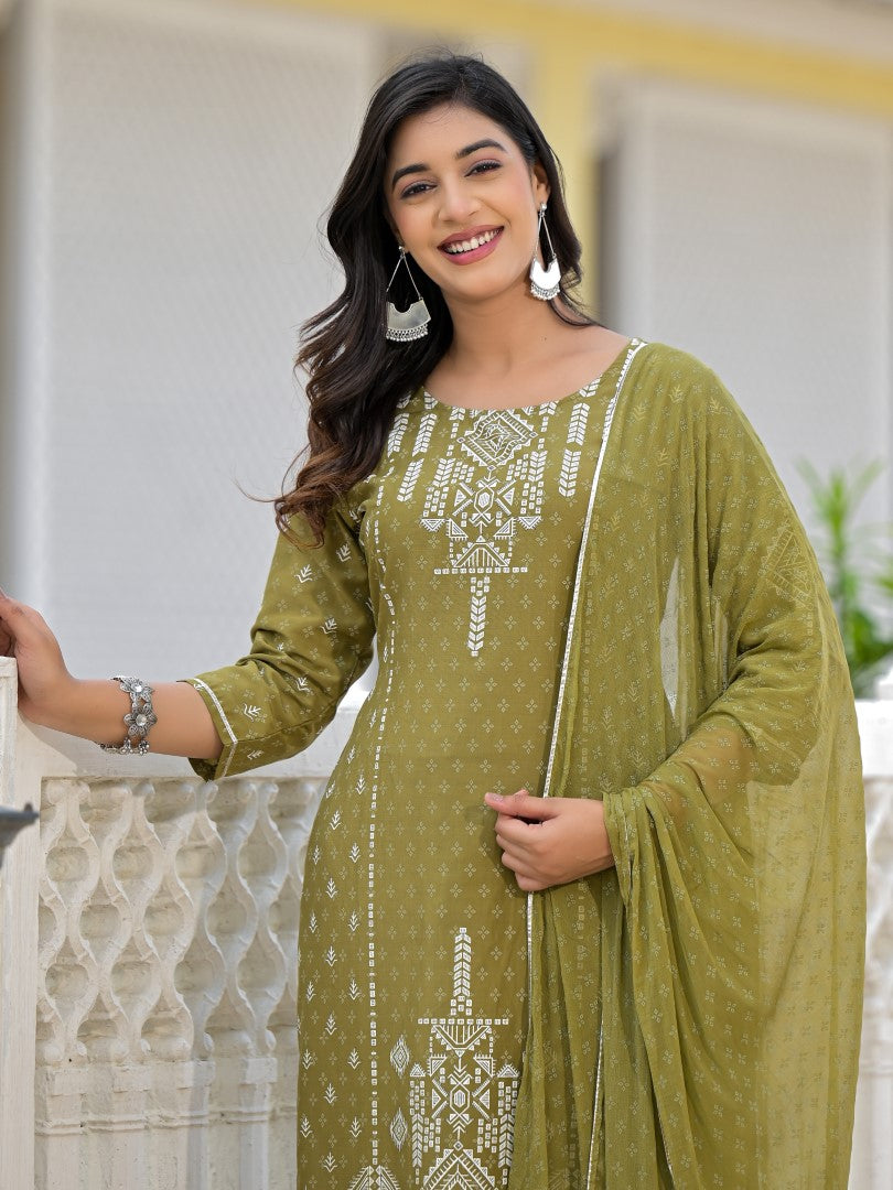 Juniper Olive Green Ethnic Motif Printed Viscose Kurta, Pant And Dupatta Set With Gota Patti Work