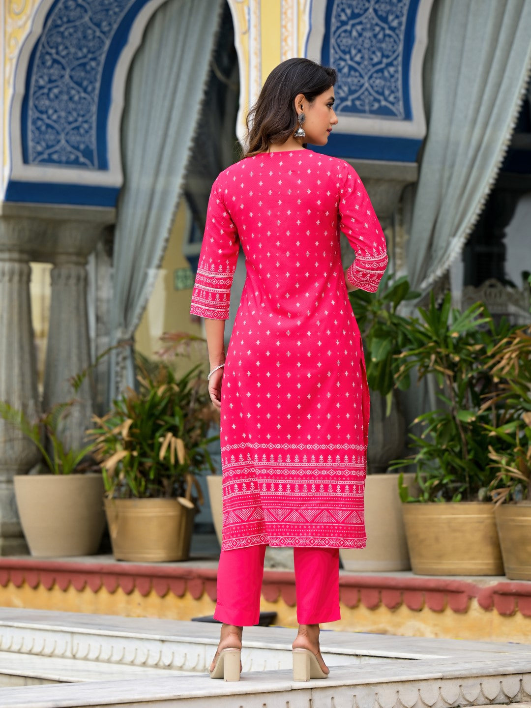 Pink Ethnic Motif Printed Liva Rayon Kurta Pant And Dupatta Set With Beads Sequins & Lace