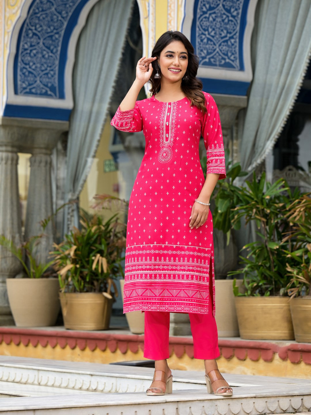 Pink Ethnic Motif Printed Liva Rayon Kurta Pant And Dupatta Set With Beads Sequins & Lace