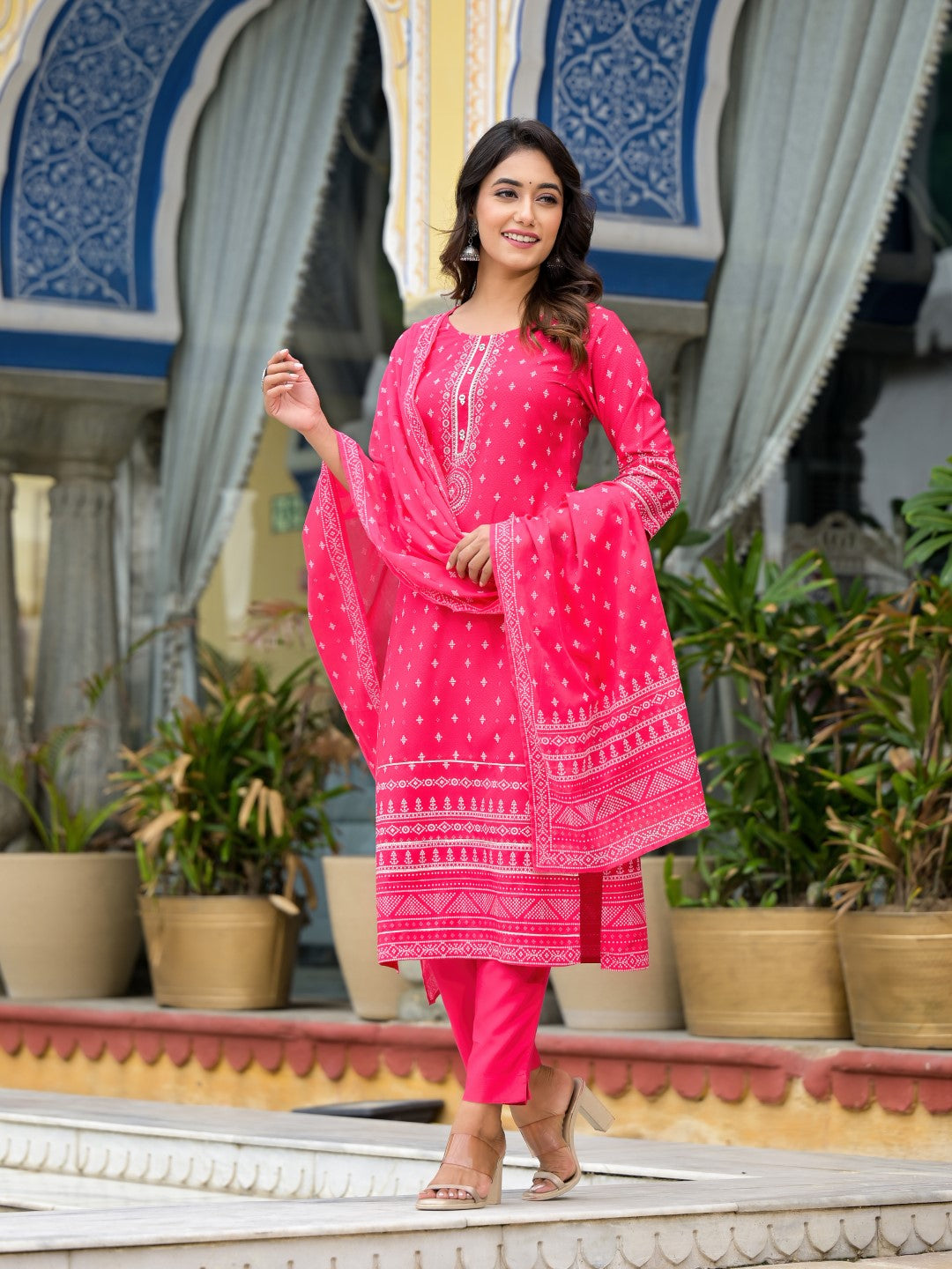 Pink Ethnic Motif Printed Liva Rayon Kurta Pant And Dupatta Set With Beads Sequins & Lace