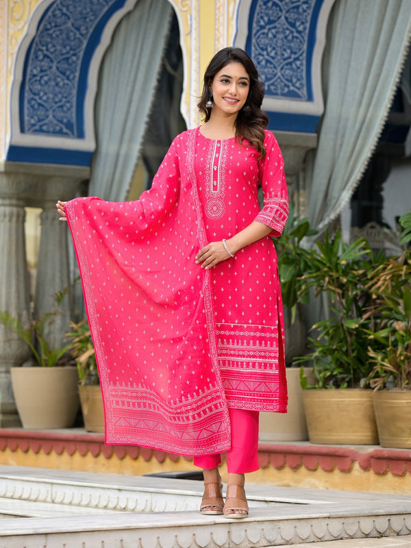 Pink Ethnic Motif Printed Liva Rayon Kurta Pant And Dupatta Set With Beads Sequins & Lace