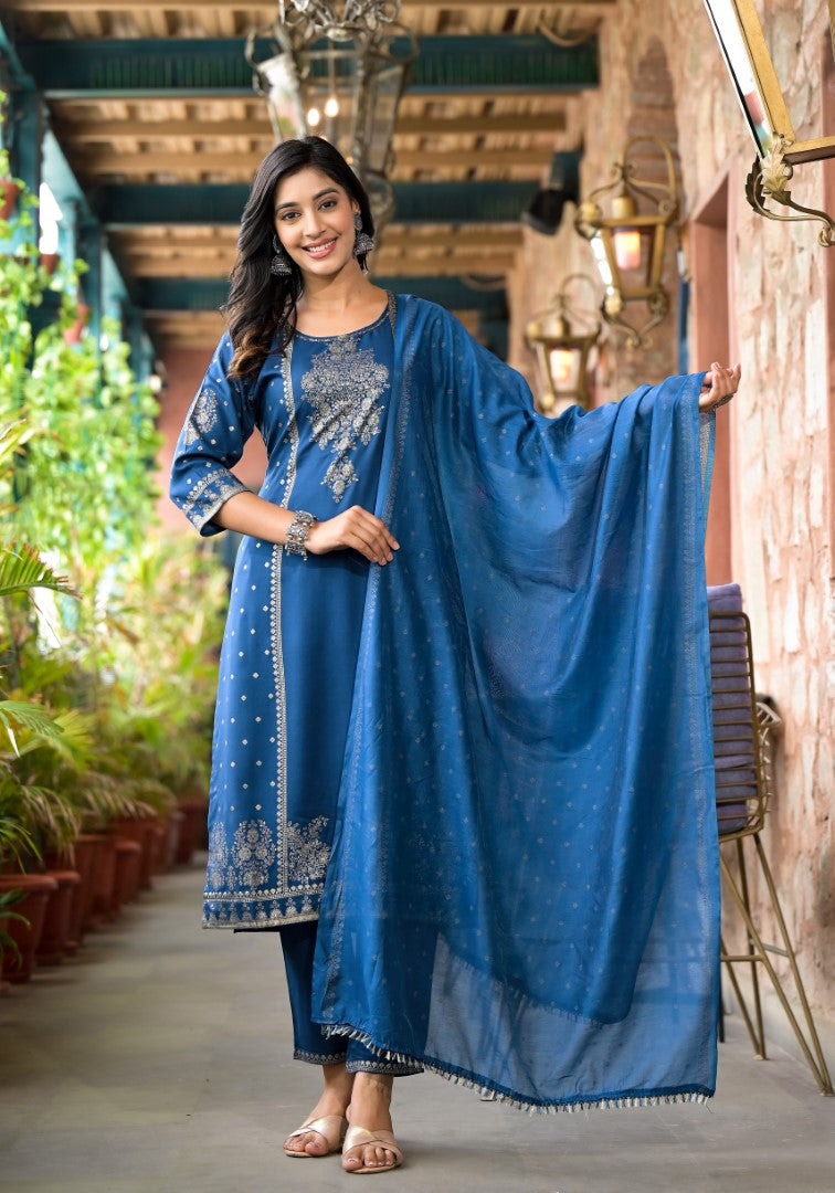 Blue Ethnic Motif Printed Liva Rayon Kurta Pant And Dupatta Set With Sequins & Tassels