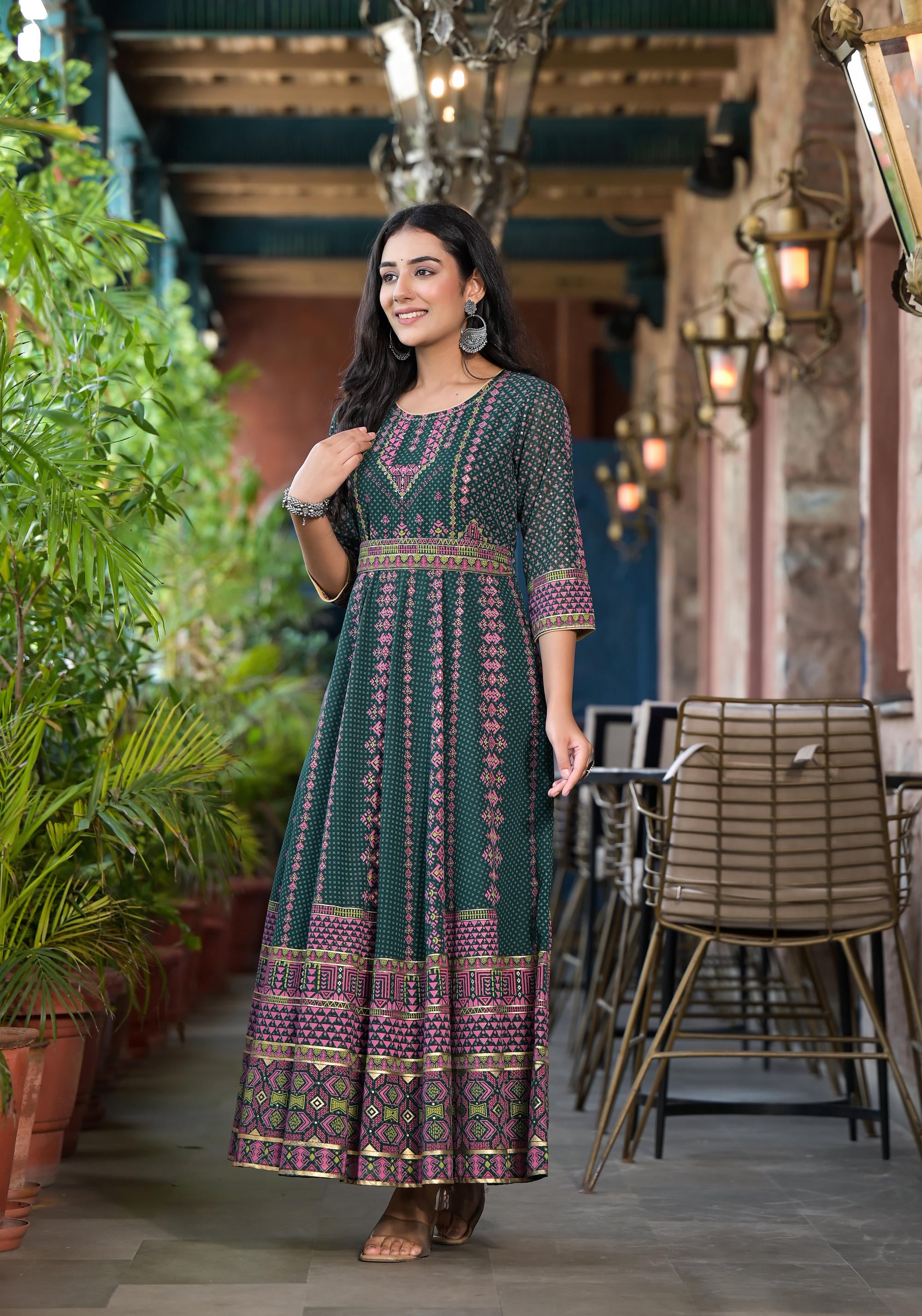 Green Ethnic Motif Printed Georgette Maxi Dress With Sequins Gota Patti