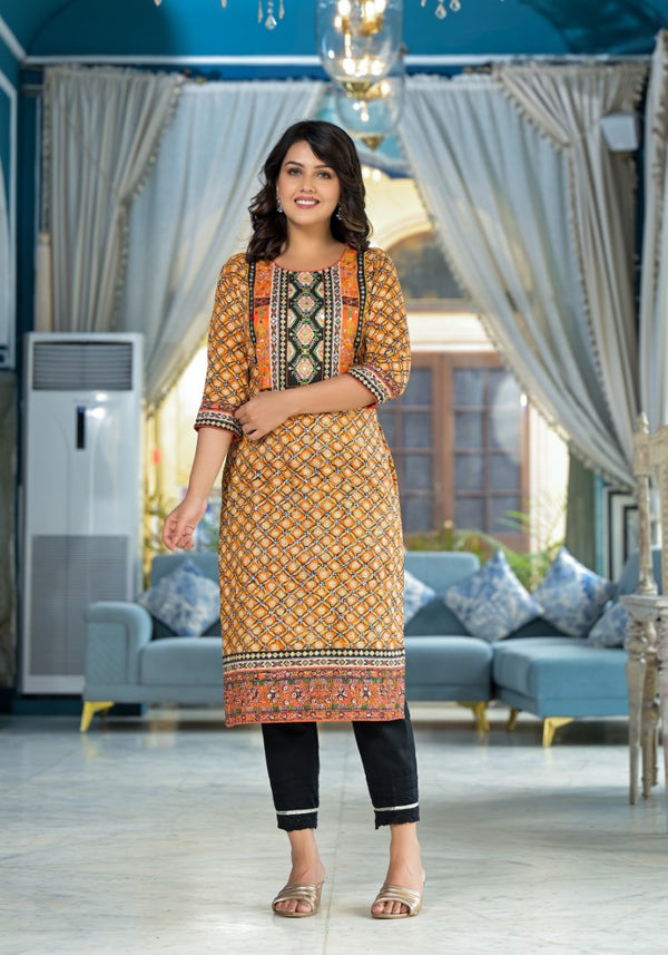 Mustard Ethnic Motif Printed Liva Rayon Kurta With Sequins & Gota Patti Work