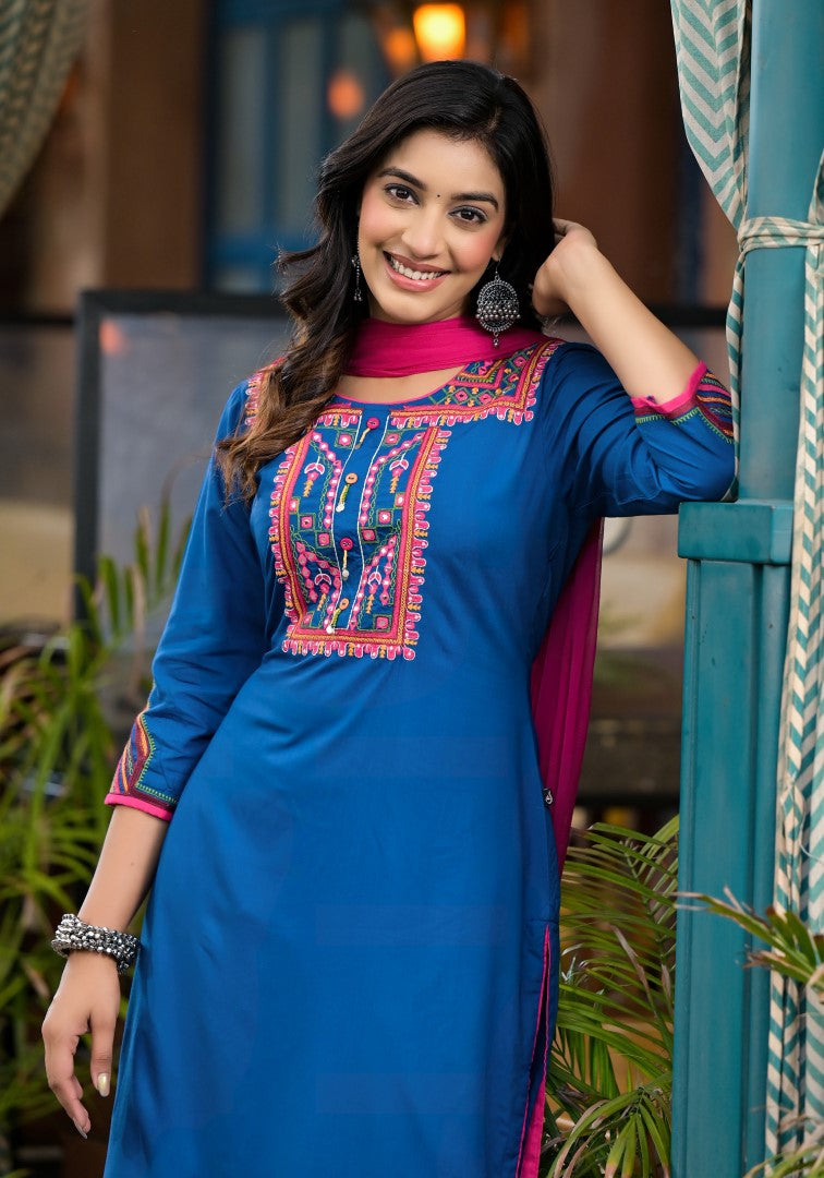 Blue Thread Embroidered Liva Rayon Kurta Pant And Dupatta Set With Mirror Work Beads & Coins